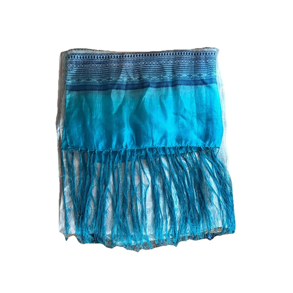 Collection Eighteen 100% Silk Scarf 69" X 20" Plus 6" Fringe White Blue Teal
